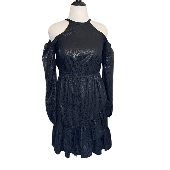 NWT michael kors black snake print long cold shoulder sleeve flounce hem dress S - Picture 2 of 9